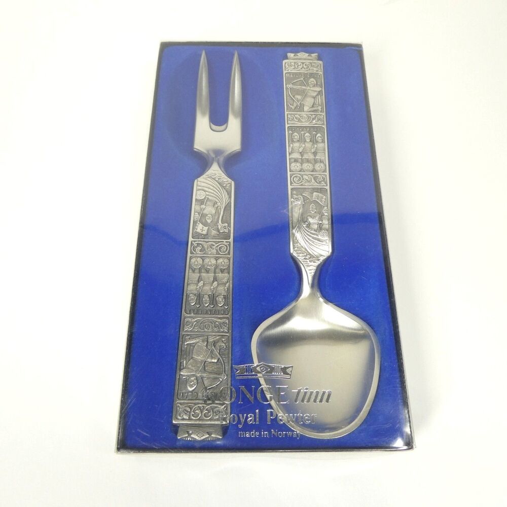 Konge Tinn Pewter Norway Serving Fork & Spoon Set Vintage Servers